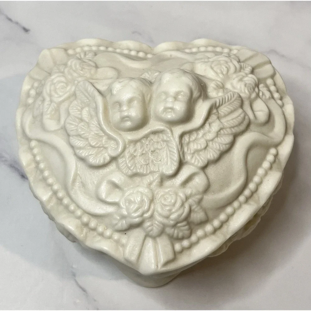 Vintage White Porcelain Bisque Cherub Angel Heart Roses Trinket Vanity Box